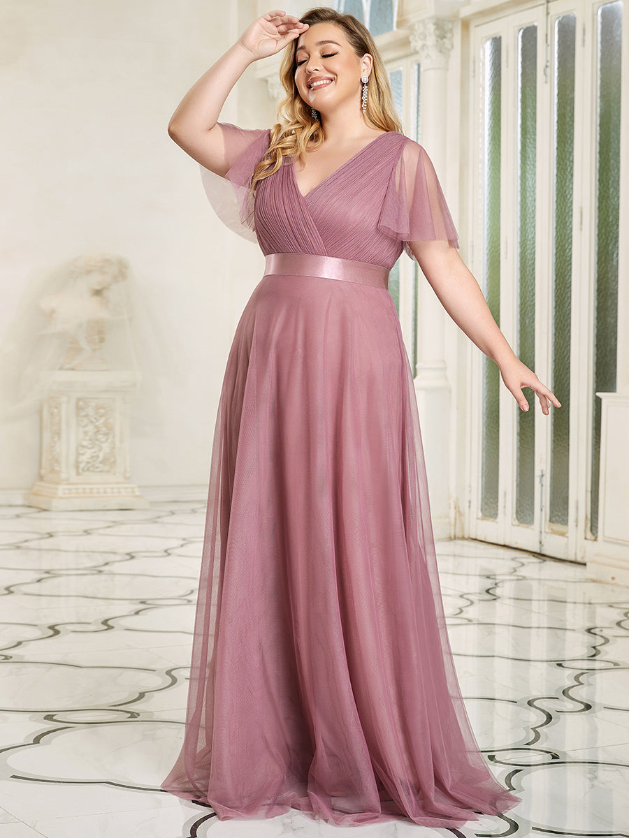 Color=Orchid | Plus Size Women'S V-Neck A-Line Short Sleeve Floor-Length Bridesmaid Dresses Ep07962-Orchid 3