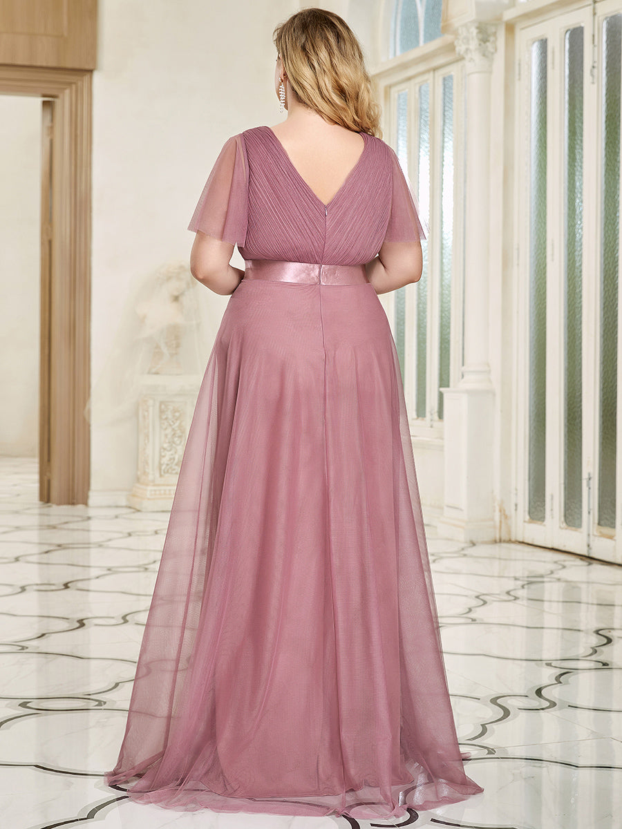 Color=Orchid | Plus Size Women'S V-Neck A-Line Short Sleeve Floor-Length Bridesmaid Dresses Ep07962-Orchid 4