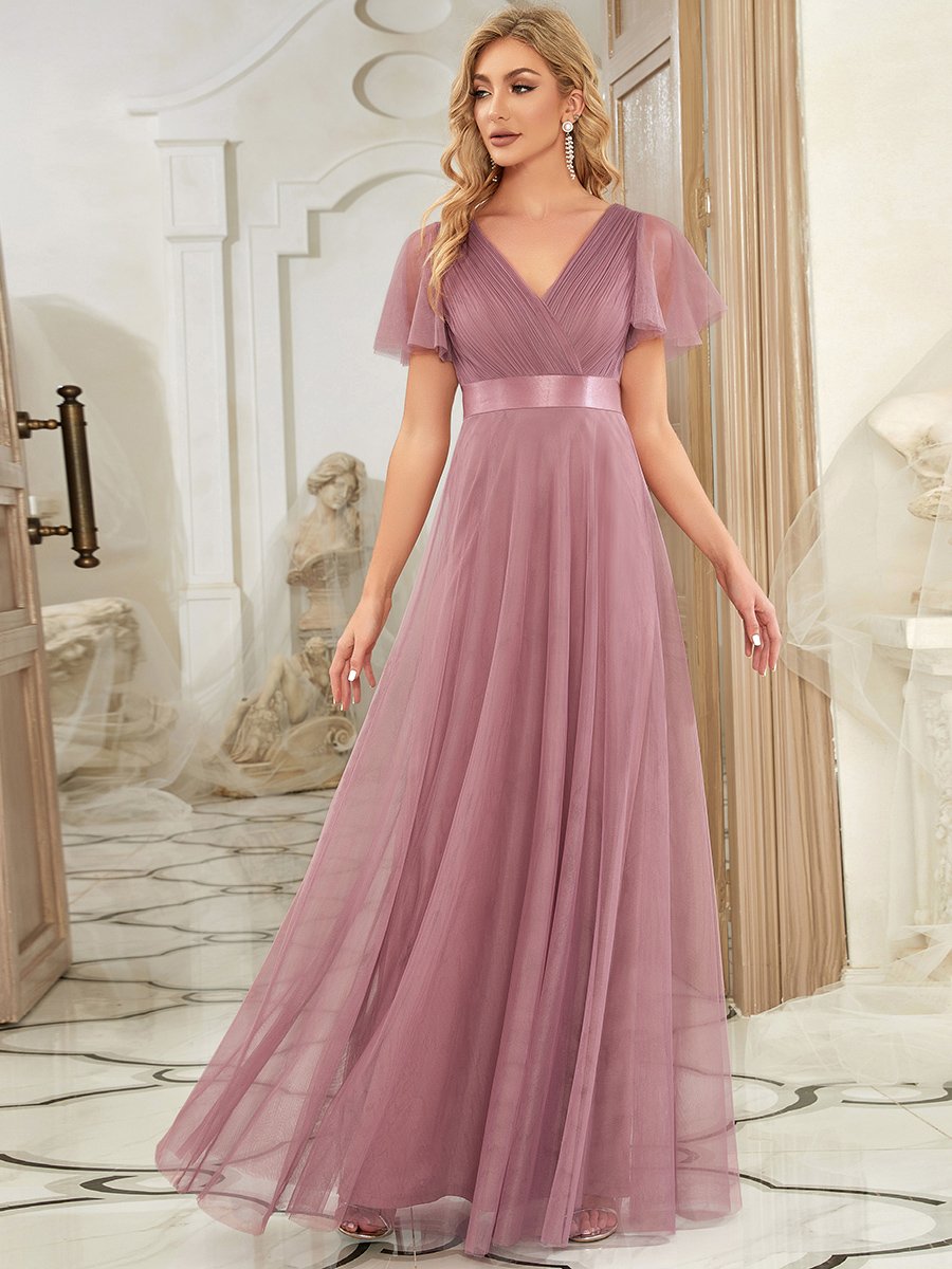 Color=Orchid | Women's pretty V-Neck A-Line Floor-Length Wholesale Bridesmaid Dresses-Orchid 1