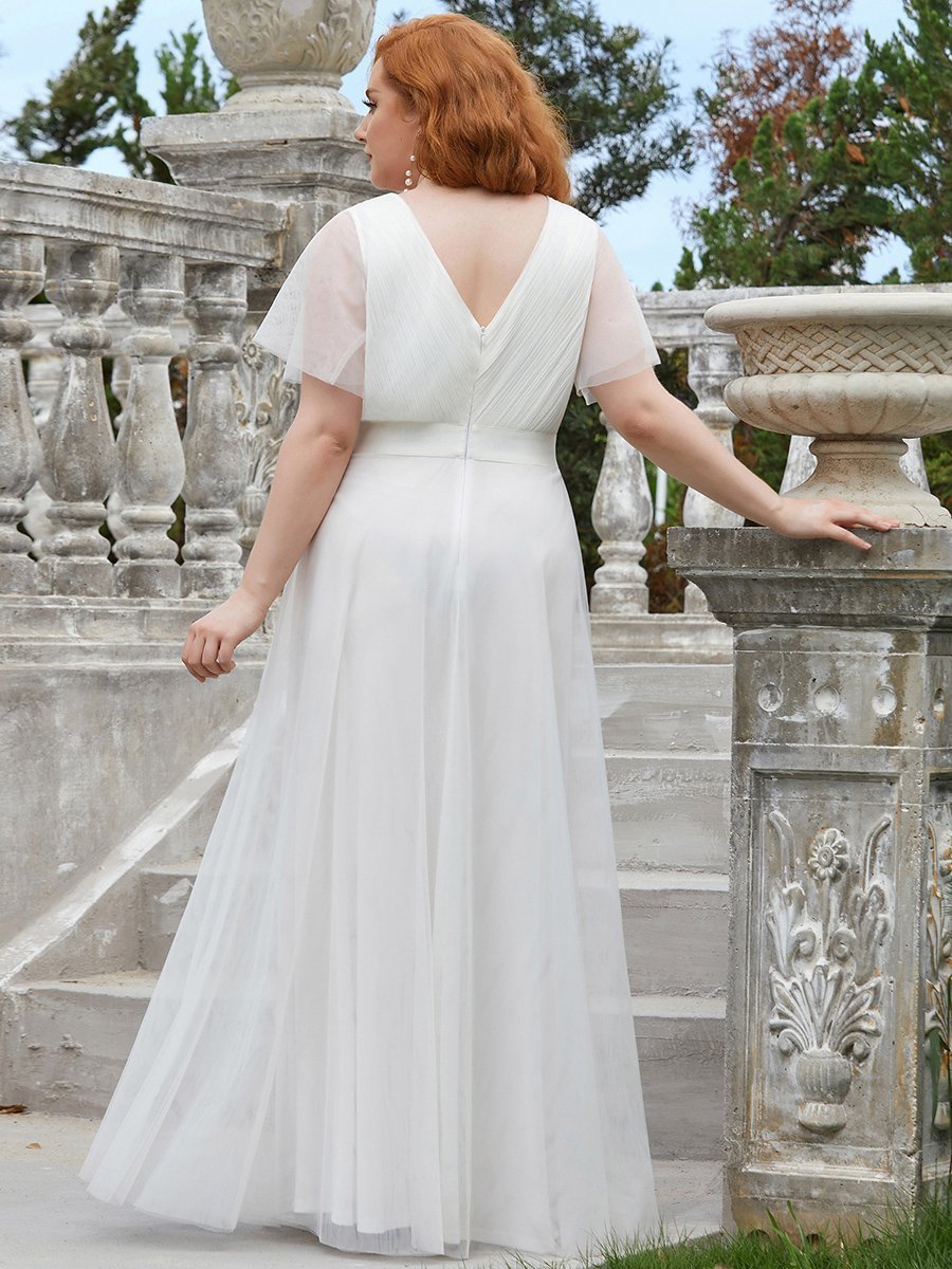 Color=White | Plus Size Women'S V-Neck A-Line Short Sleeve Floor-Length Bridesmaid Dresses Ep07962-White 1