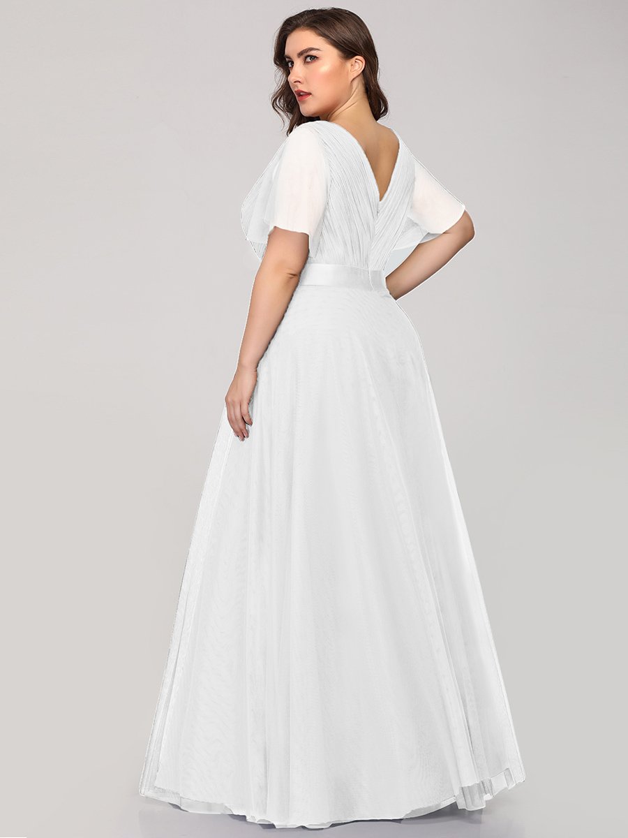 Color=White | Plus Size Women'S V-Neck A-Line Short Sleeve Floor-Length Bridesmaid Dresses Ep07962-White 2