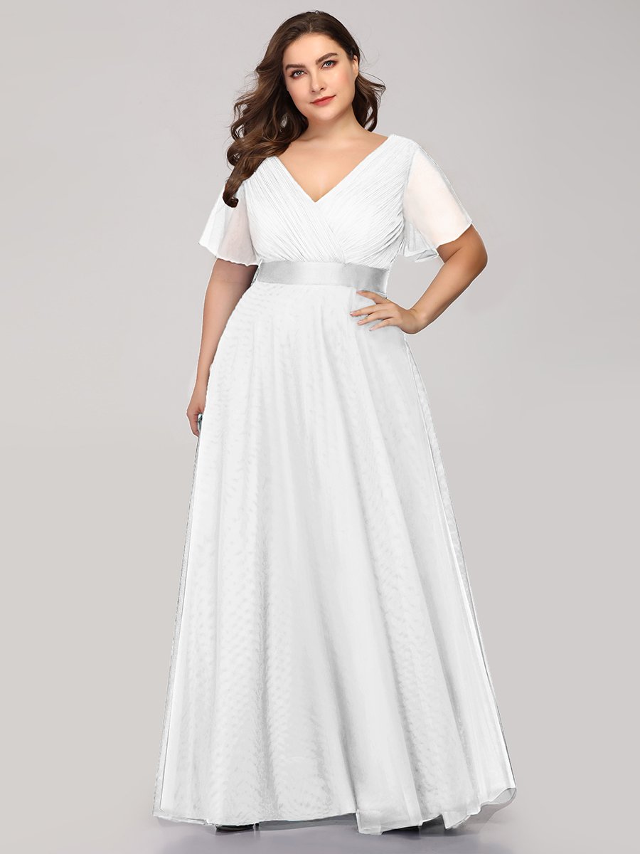 Color=White | Plus Size Women'S V-Neck A-Line Short Sleeve Floor-Length Bridesmaid Dresses Ep07962-White 1