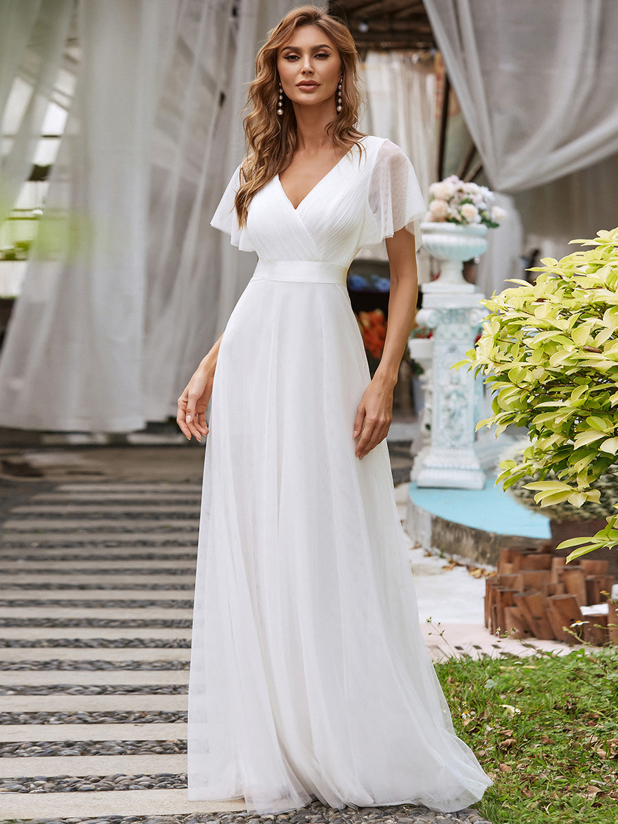Color=White | Women's V-Neck A-Line Floor-Length Wholesale Bridesmaid Dresses-White 1