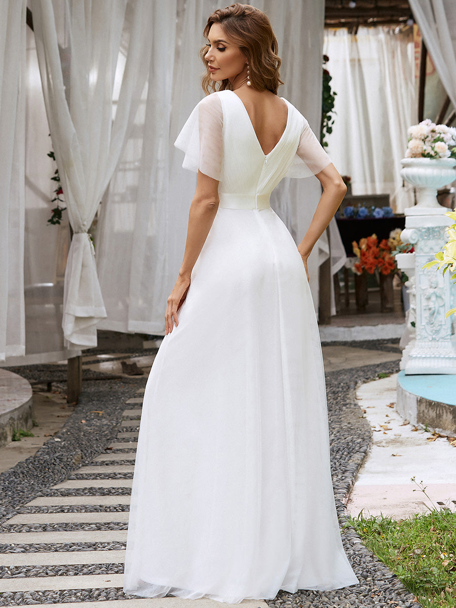 Color=White | Women's V-Neck A-Line Floor-Length Wholesale Bridesmaid Dresses-White 2