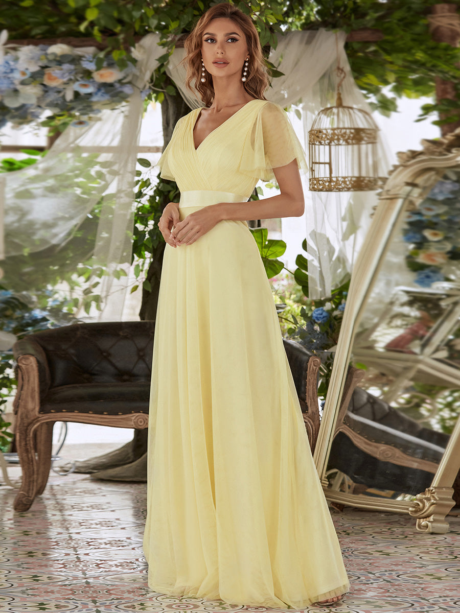Color=Yellow | Women's V-Neck A-Line Floor-Length Wholesale Bridesmaid Dresses-Yellow 3