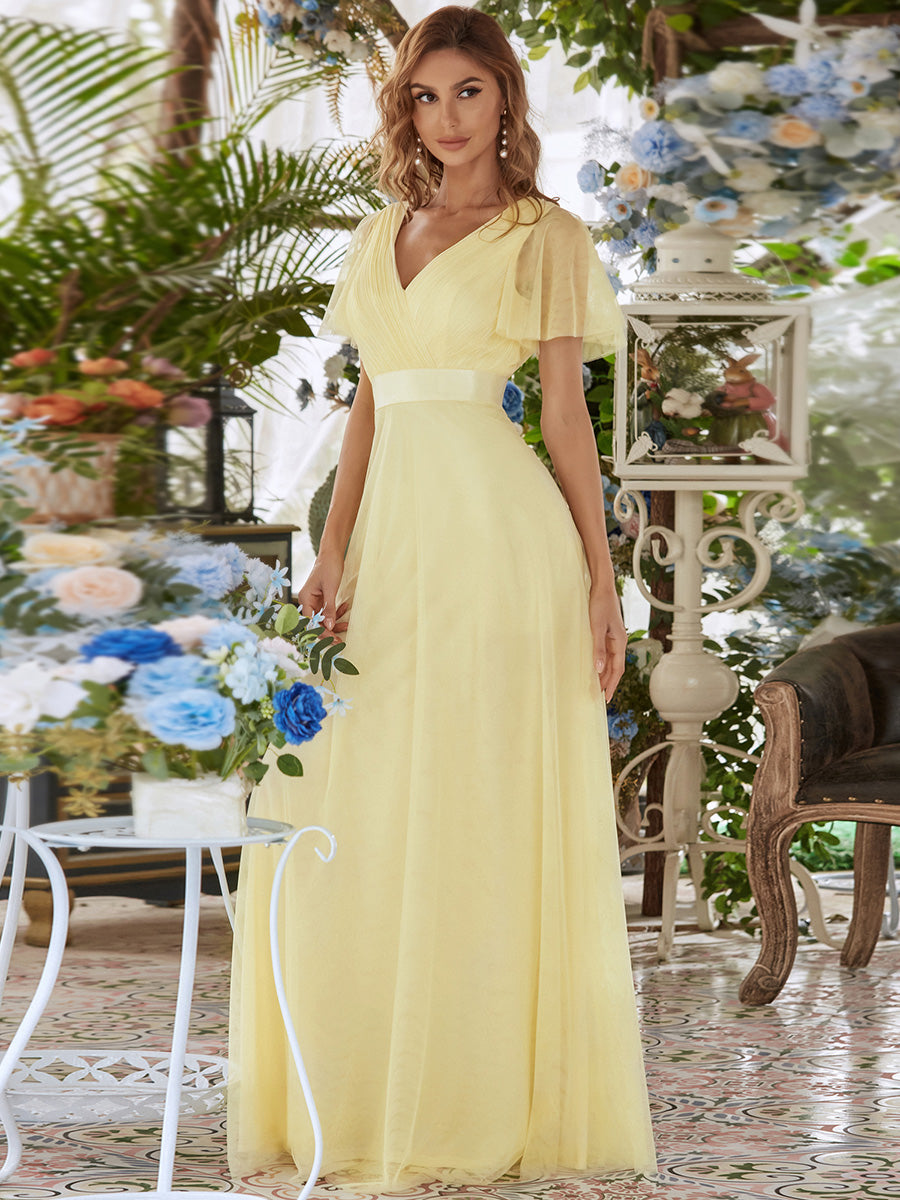 Color=Yellow | Women's V-Neck A-Line Floor-Length Wholesale Bridesmaid Dresses-Yellow 1