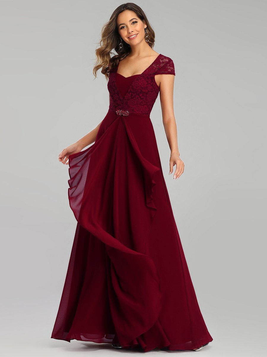 Color=Burgundy | Sweetheart Floral Lace Wholesale Wedding Guest Dress-Burgundy 4