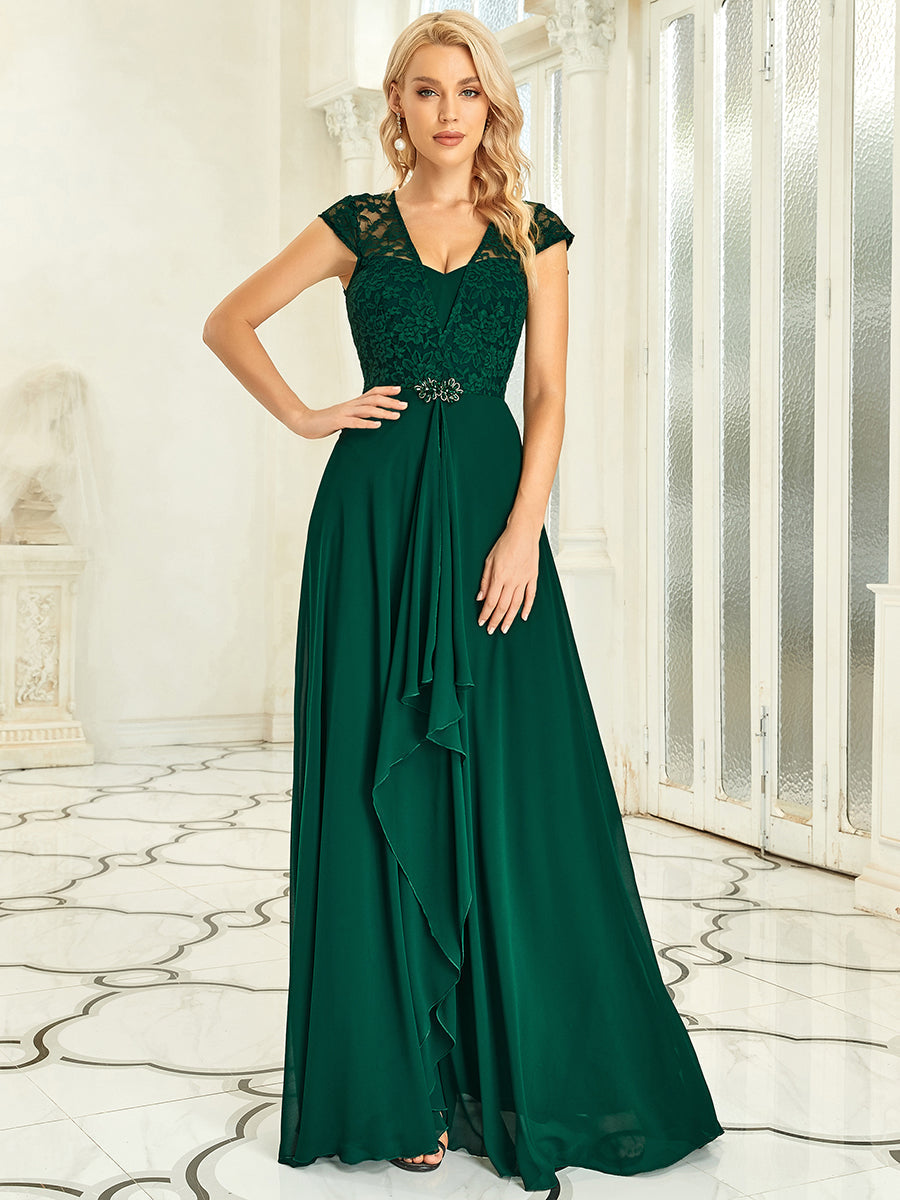 Color=Dark Green | Sweetheart Floral Lace Wholesale Wedding Guest Dress-Dark Green 1