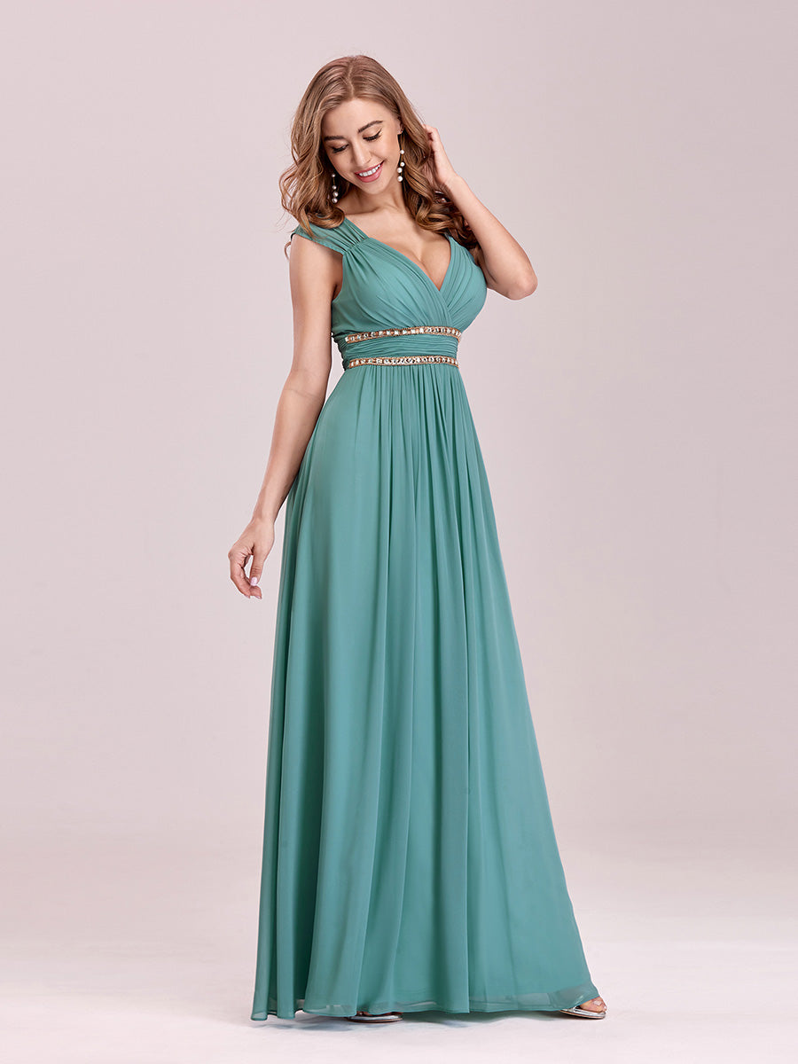 Color=Dusty blue | V-Neck Empire Waist Chiffon Maxi Long Wholesale Evening Gowns-Dusty blue 3