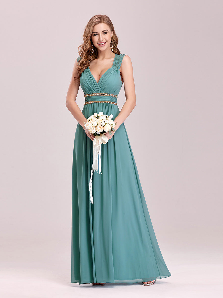 Color=Dusty blue | V-Neck Empire Waist Chiffon Maxi Long Wholesale Evening Gowns-Dusty blue 4