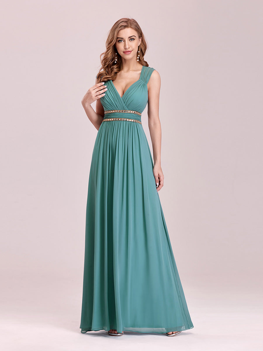 Color=Dusty blue | V-Neck Empire Waist Chiffon Maxi Long Wholesale Evening Gowns-Dusty blue 1