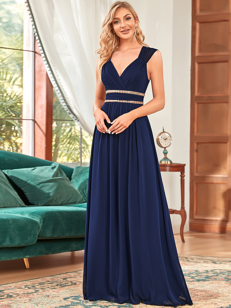 Color=Navy Blue | V-Neck Empire Waist Chiffon Maxi Long Wholesale Evening Gowns-Navy Blue 4