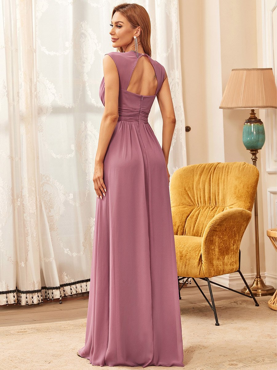 Color=Orchid | V-Neck Empire Waist Chiffon Maxi Long Wholesale Evening Gowns-Orchid 2