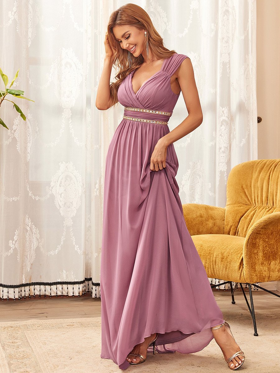 Color=Orchid | V-Neck Empire Waist Chiffon Maxi Long Wholesale Evening Gowns-Orchid 3