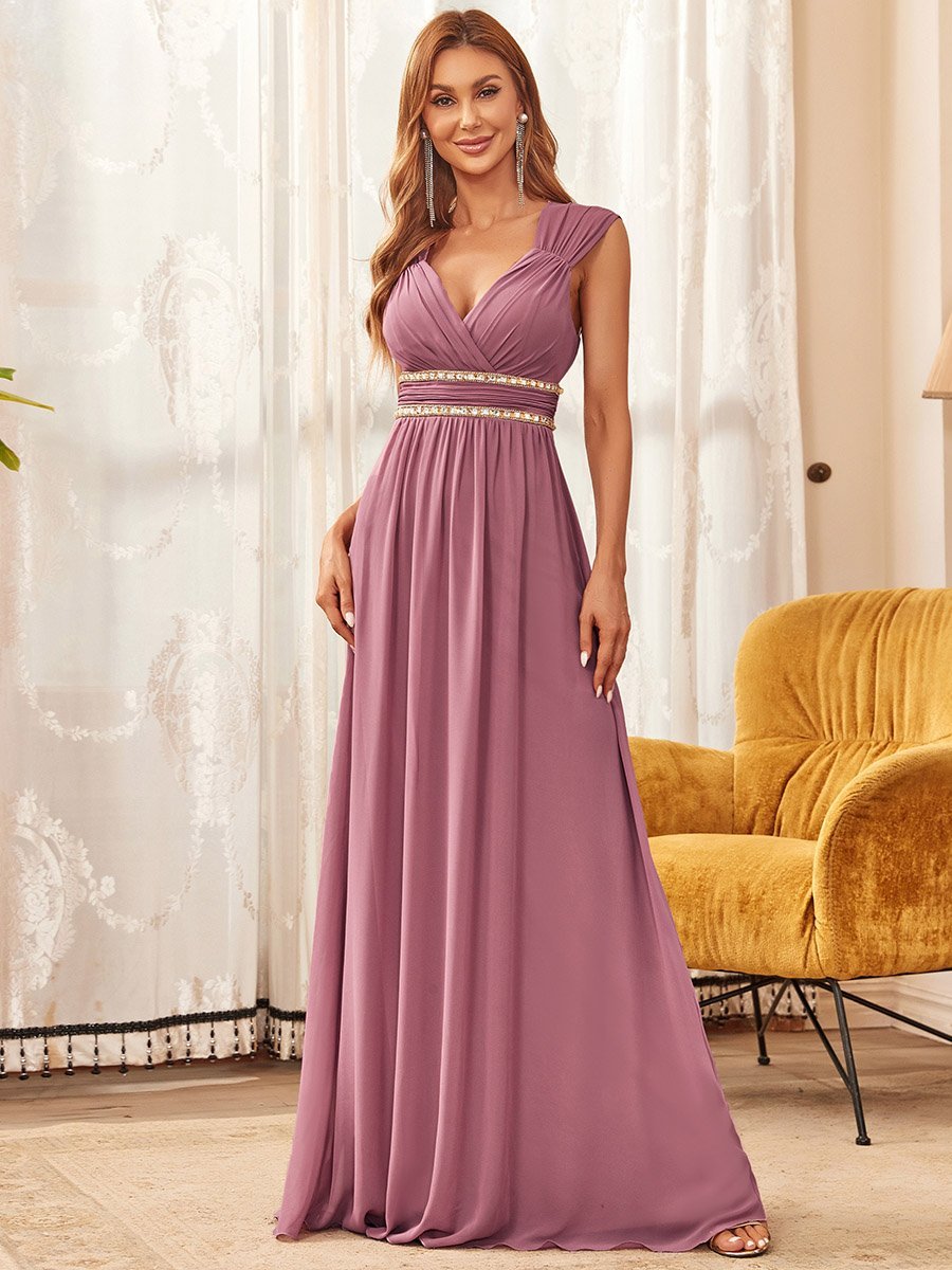 Color=Orchid | V-Neck Empire Waist Chiffon Maxi Long Wholesale Evening Gowns-Orchid 1