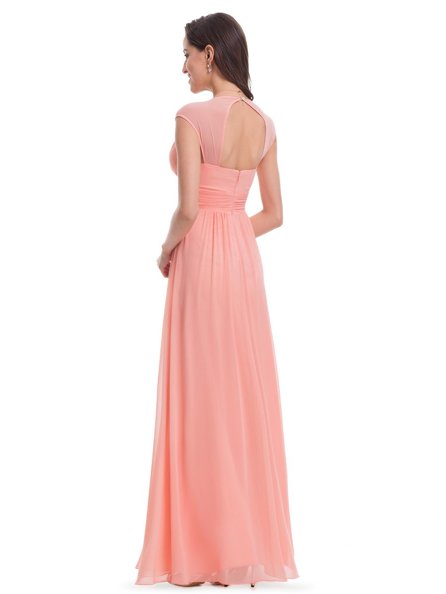 Color=Peach | V-Neck Empire Waist Chiffon Maxi Long Wholesale Evening Gowns-Peach 2