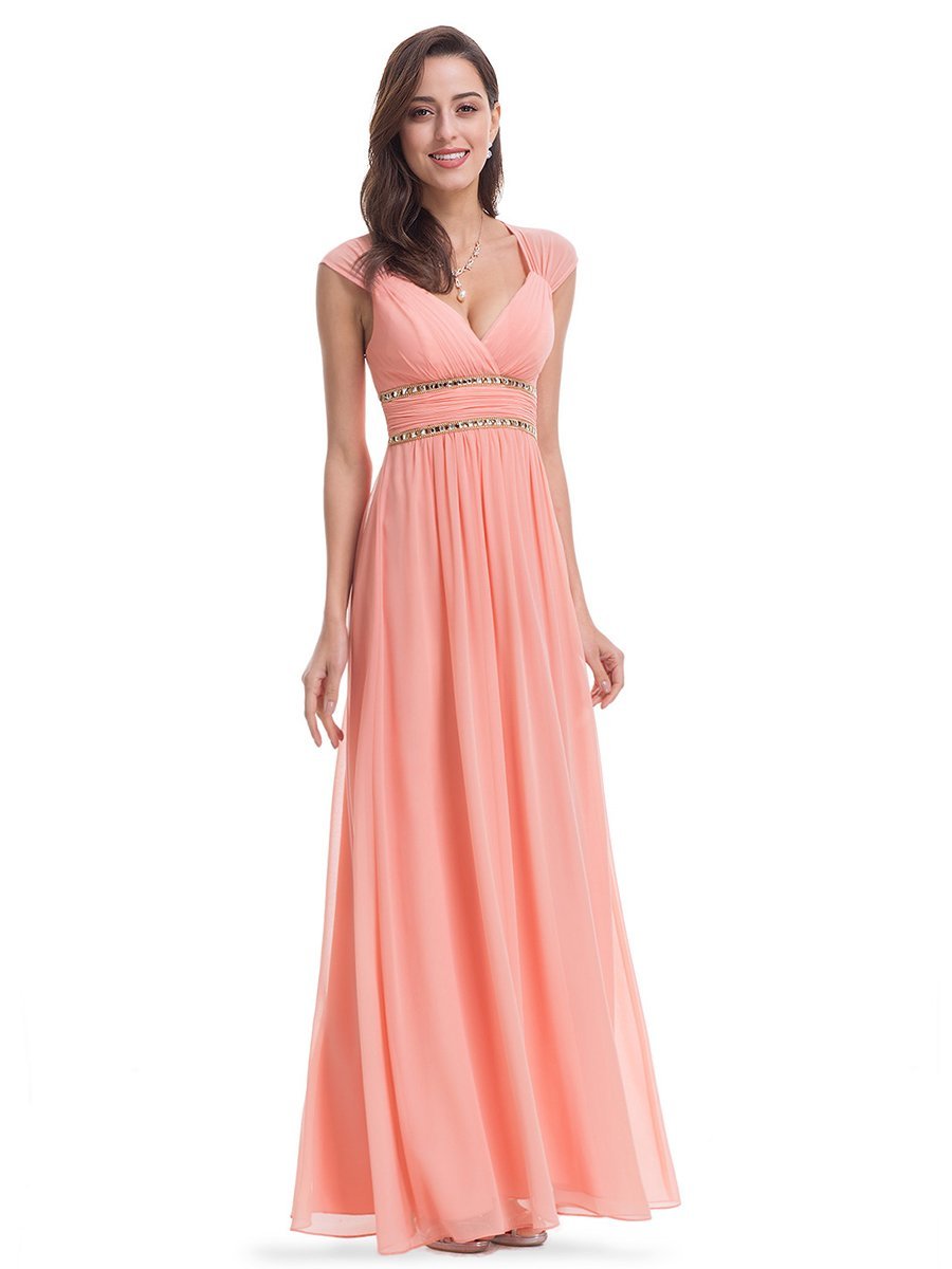 Color=Peach | V-Neck Empire Waist Chiffon Maxi Long Wholesale Evening Gowns-Peach 1