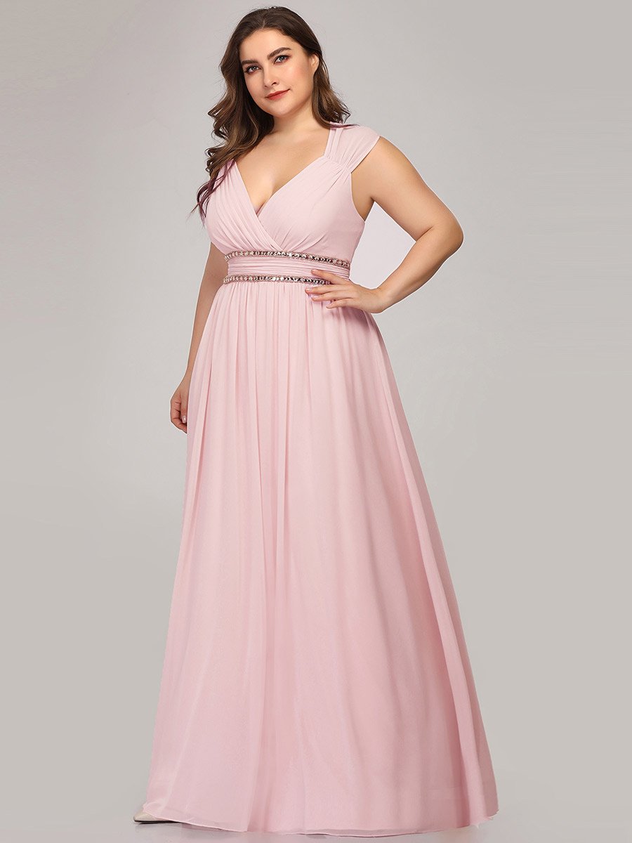 Color=Pink | V-Neck Empire Waist Chiffon Maxi Long Wholesale Evening Gowns-Pink 5