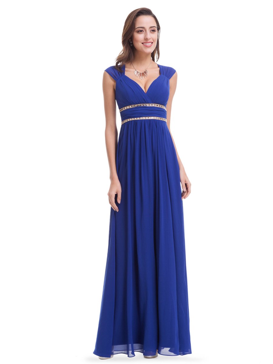 Color=Sapphire Blue | V-Neck Empire Waist Chiffon Maxi Long Wholesale Evening Gowns-Sapphire Blue 3