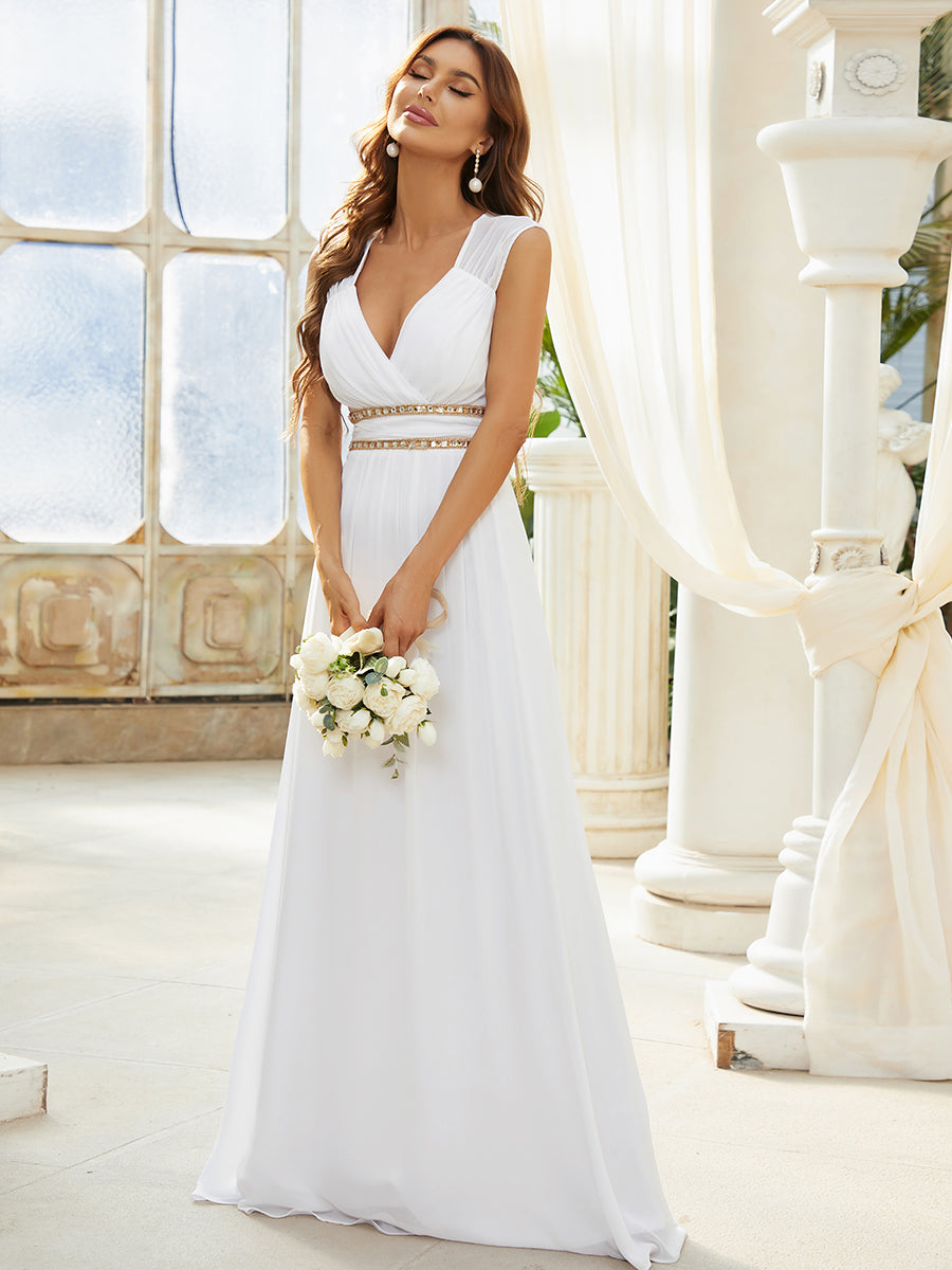 Color=White | V-Neck Empire Waist Chiffon Maxi Long Wholesale Evening Gowns-White 1