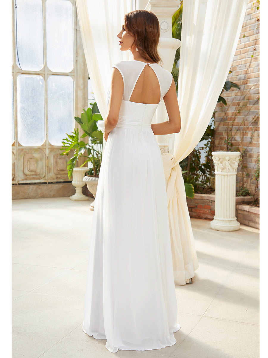 Color=White | V-Neck Empire Waist Chiffon Maxi Long Wholesale Evening Gowns-White 4