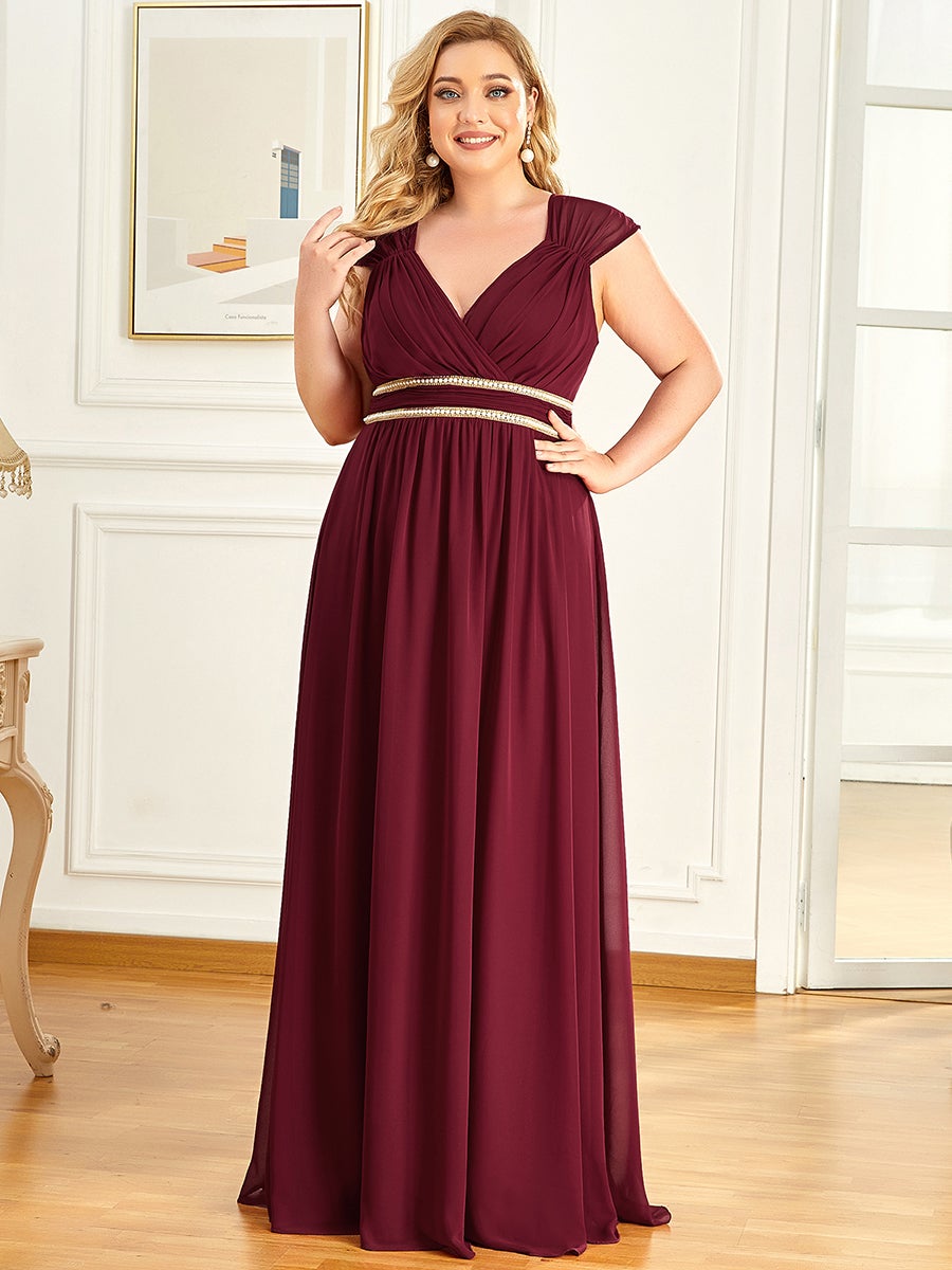 Color=Burgundy | Sleeveless Floor Length V Neck Wholesale Bridesmaid dresses-Burgundy 4