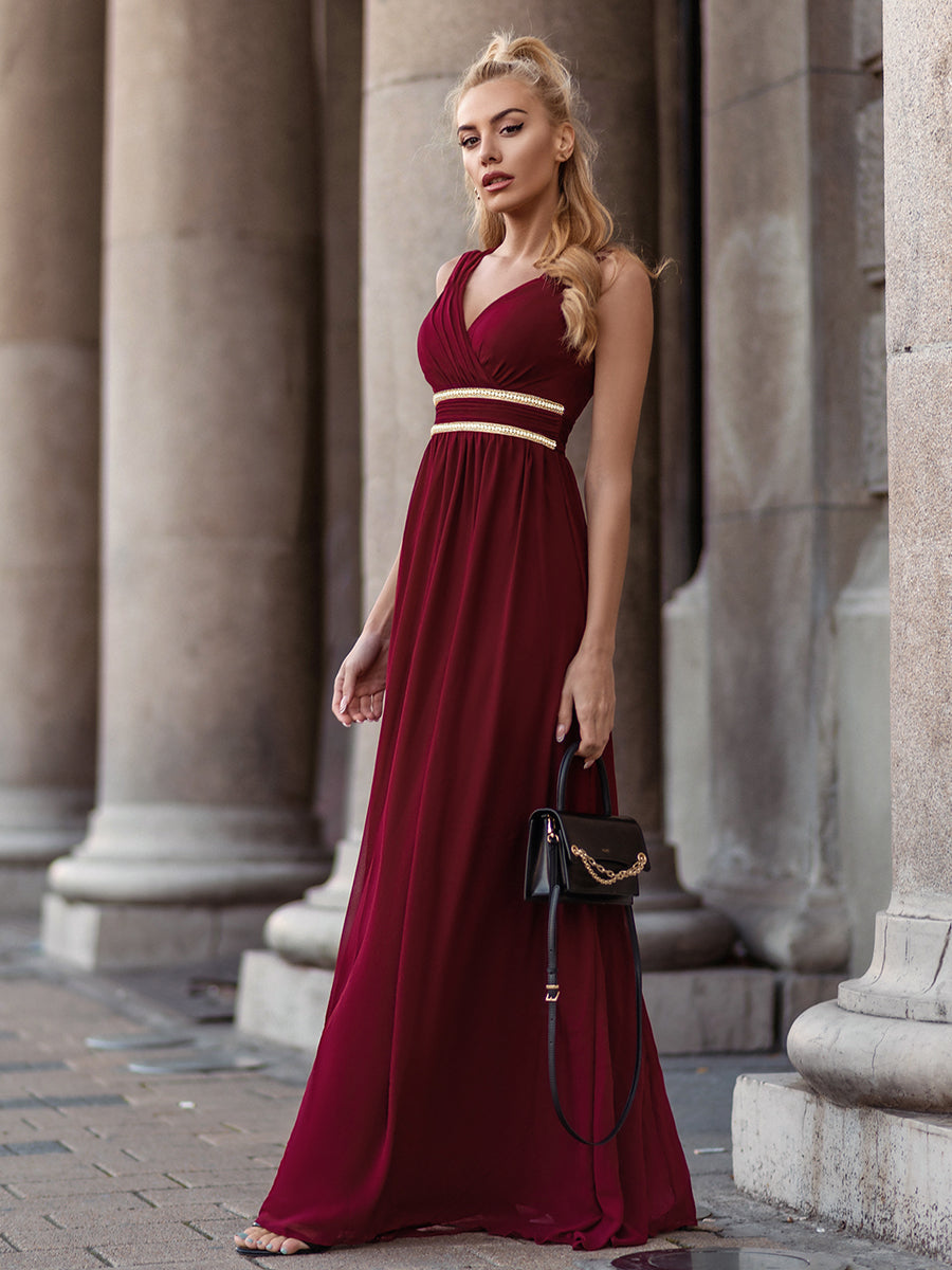 Color=Burgundy | Sleeveless Floor Length V Neck Wholesale Bridesmaid dresses-Burgundy 1