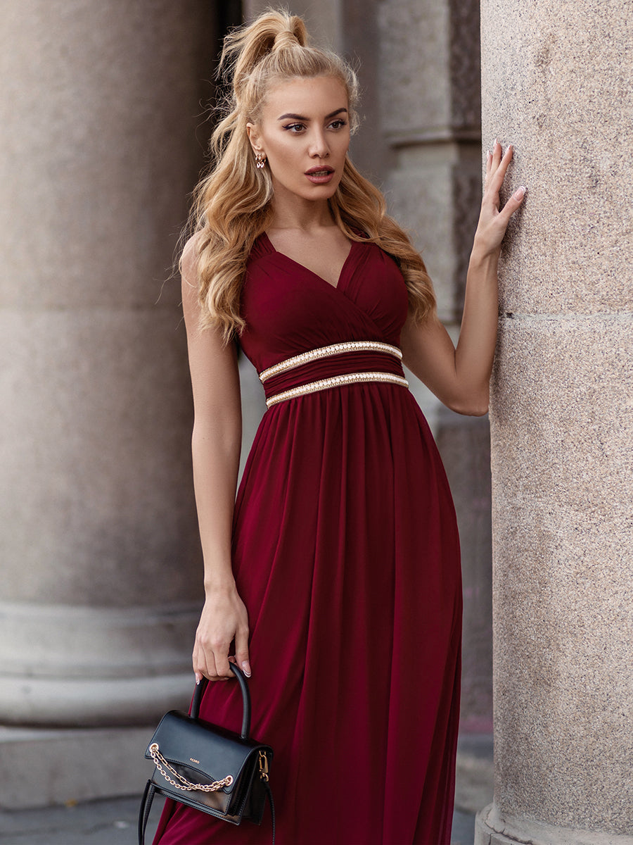 Color=Burgundy | Sleeveless Floor Length V Neck Wholesale Bridesmaid dresses-Burgundy 4