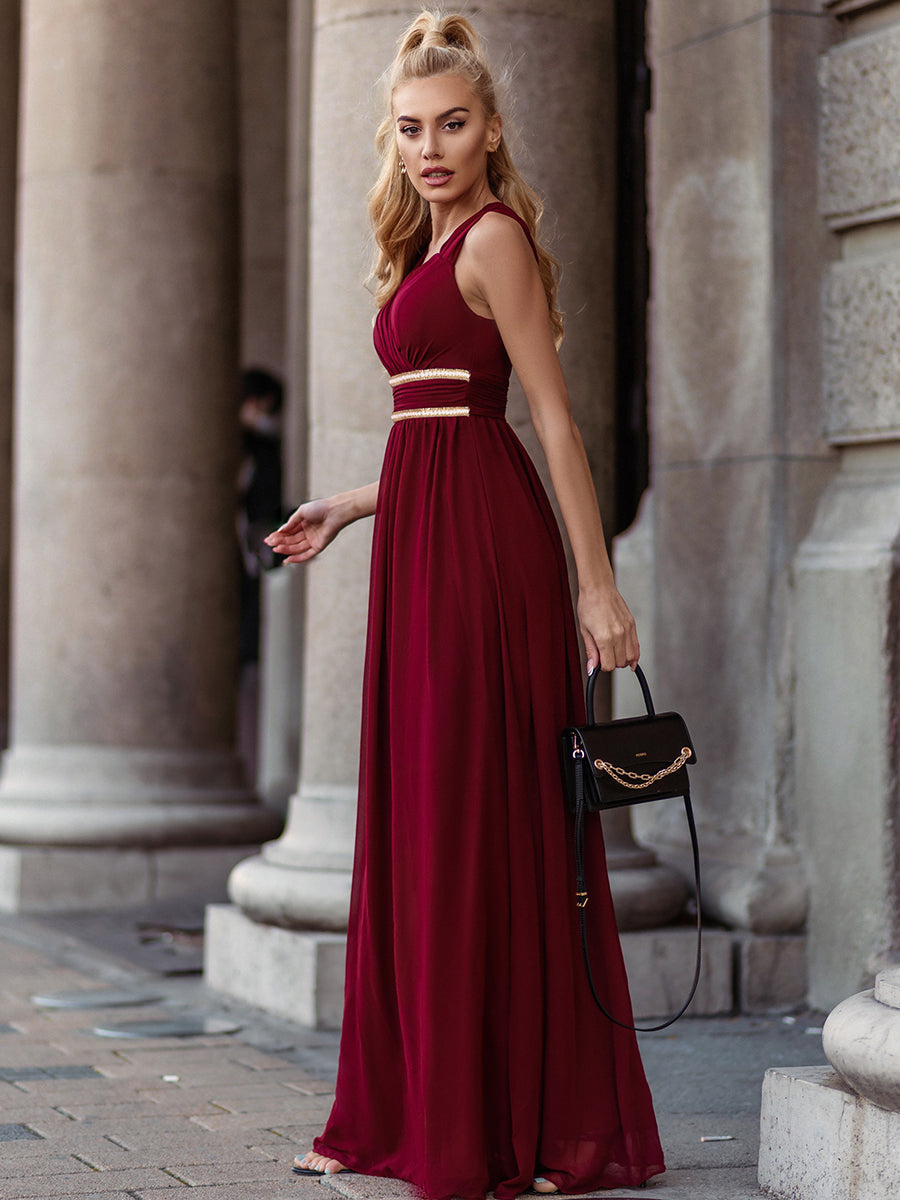 Color=Burgundy | Sleeveless Floor Length V Neck Wholesale Bridesmaid dresses-Burgundy 3