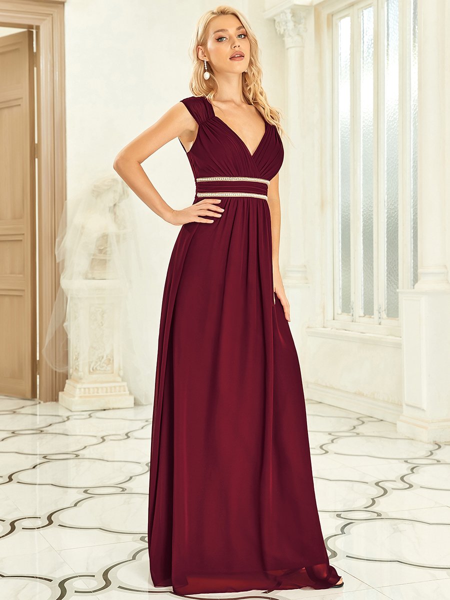 Color=Burgundy | Sleeveless Floor Length V Neck Wholesale Bridesmaid dresses-Burgundy 7