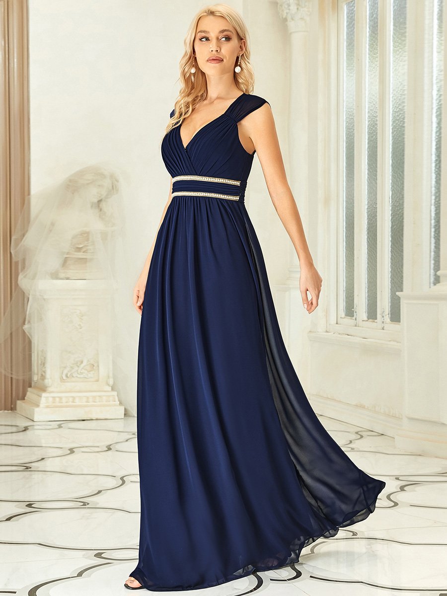 Color=Navy Blue | Sleeveless Floor Length V Neck Wholesale Bridesmaid dresses-Navy Blue 3