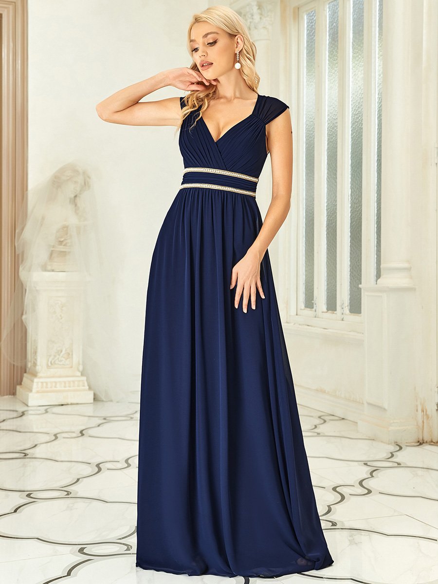 Color=Navy Blue | Sleeveless Floor Length V Neck Wholesale Bridesmaid dresses-Navy Blue 4