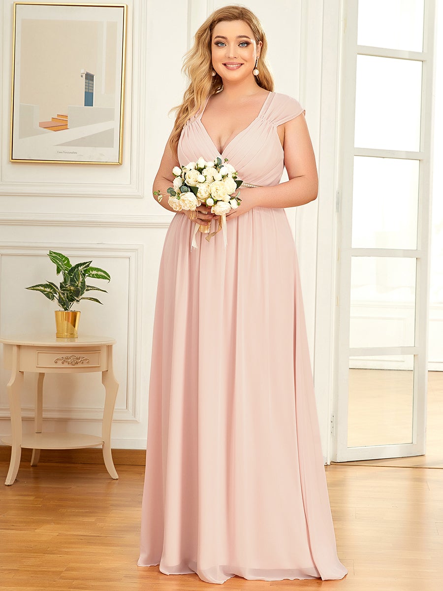 Color=Pink | Sleeveless Floor Length V Neck Wholesale Bridesmaid dresses-Pink 1