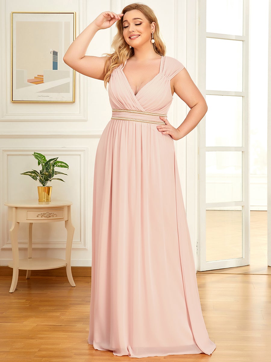 Color=Pink | Sleeveless Floor Length V Neck Wholesale Bridesmaid dresses-Pink 3