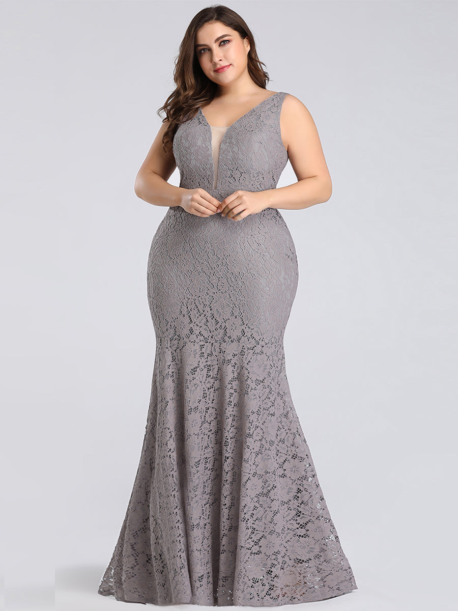 Color=Grey | Plus Size Women'S Sexy V-Neck Long Fishtail Evening Dresses Ep08838-Grey 4
