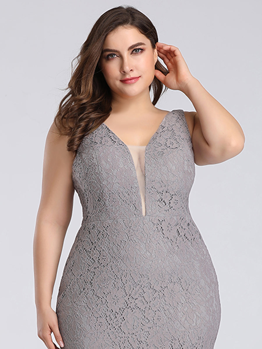 Color=Grey | Plus Size Women'S Sexy V-Neck Long Fishtail Evening Dresses Ep08838-Grey 5
