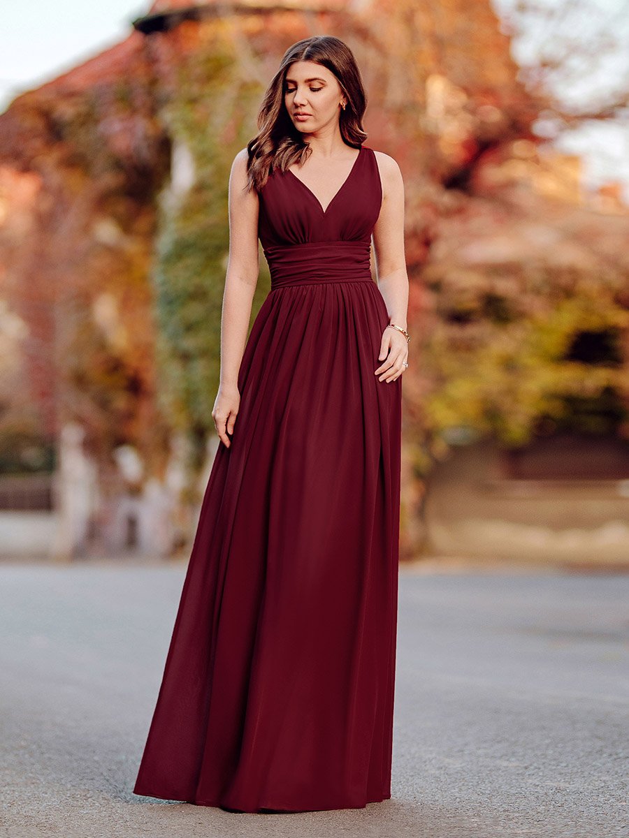 Color=Burgundy | Double V-Neck Elegant Maxi Long Wholesale Evening Dresses-Burgundy 7