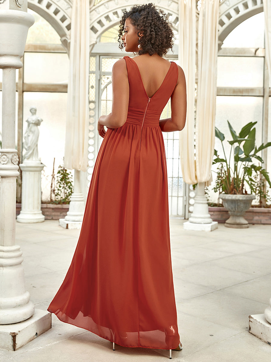 Color=Burnt orange | Double V-Neck Elegant Maxi Long Wholesale Evening Dresses-Burnt orange 2