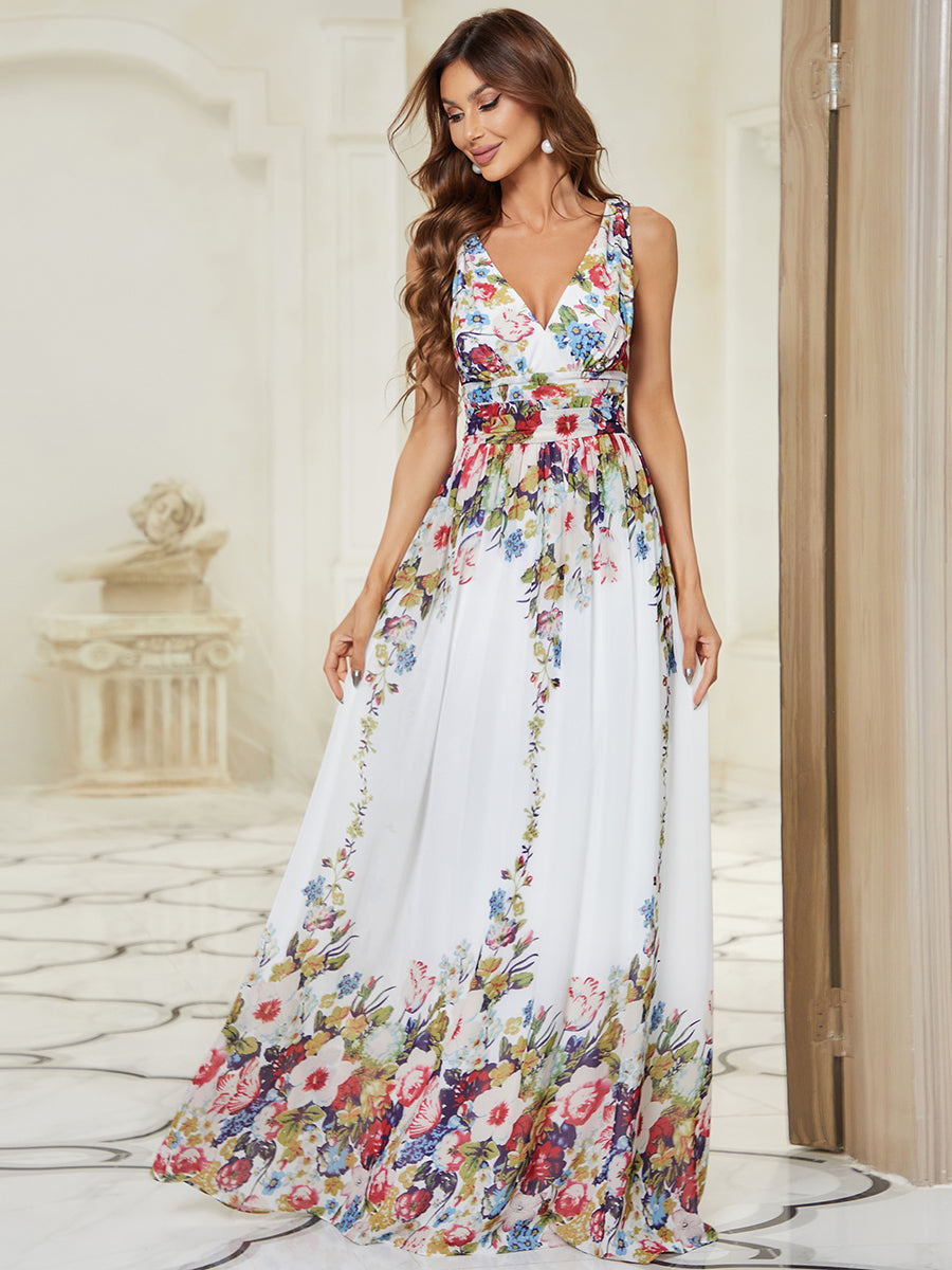 Color=Cream & Printed | Double V-Neck Elegant Maxi Long Wholesale Evening Dresses-Cream & Printed 1