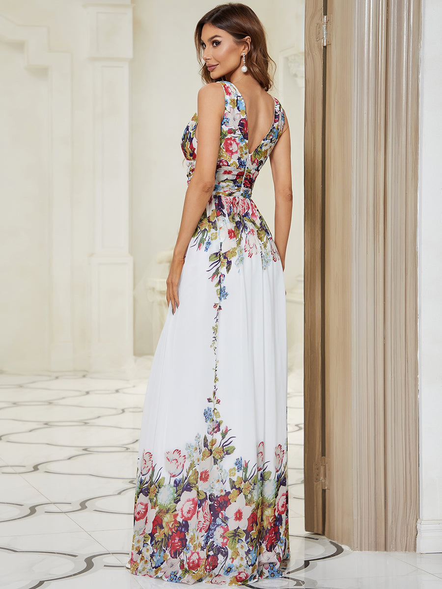 Color=Cream & Printed | Double V-Neck Elegant Maxi Long Wholesale Evening Dresses-Cream & Printed 2