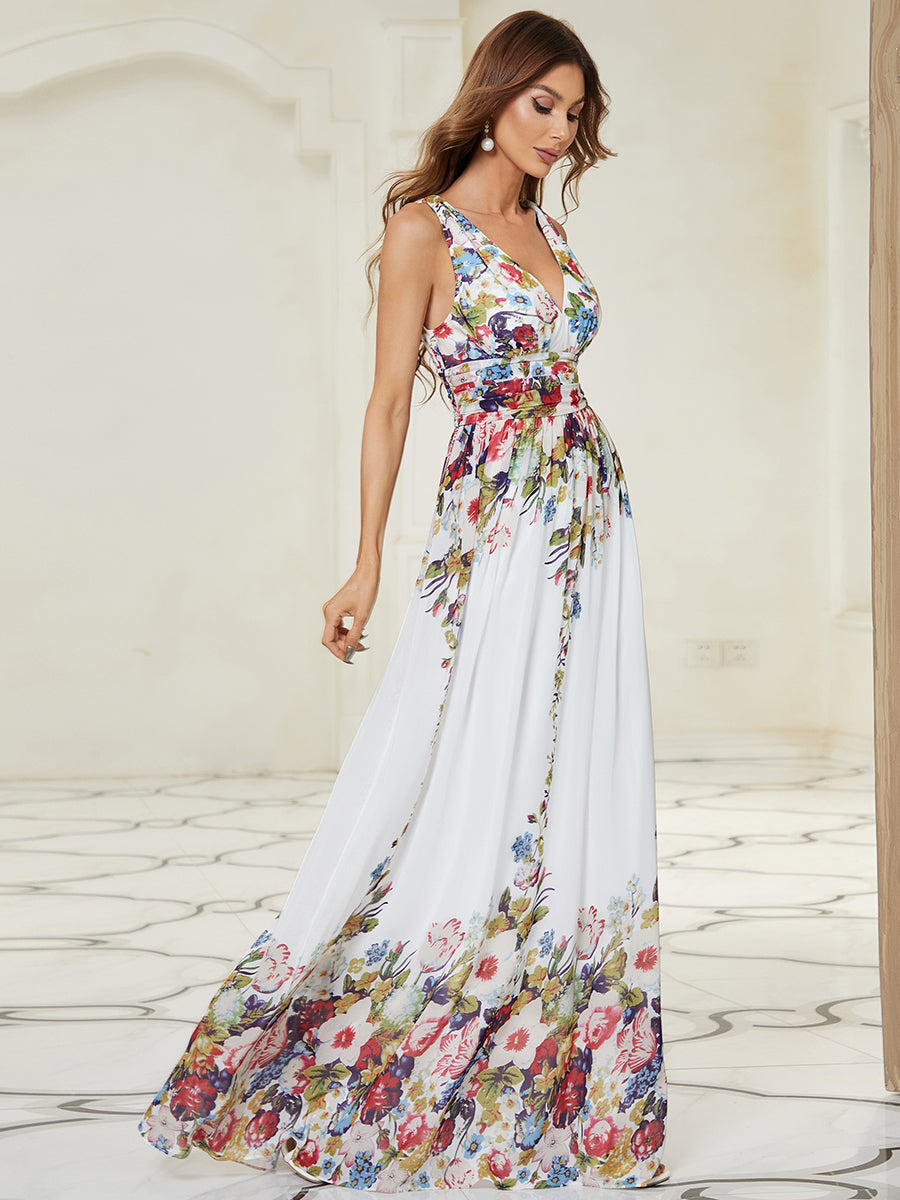 Color=Cream & Printed | Double V-Neck Elegant Maxi Long Wholesale Evening Dresses-Cream & Printed 3