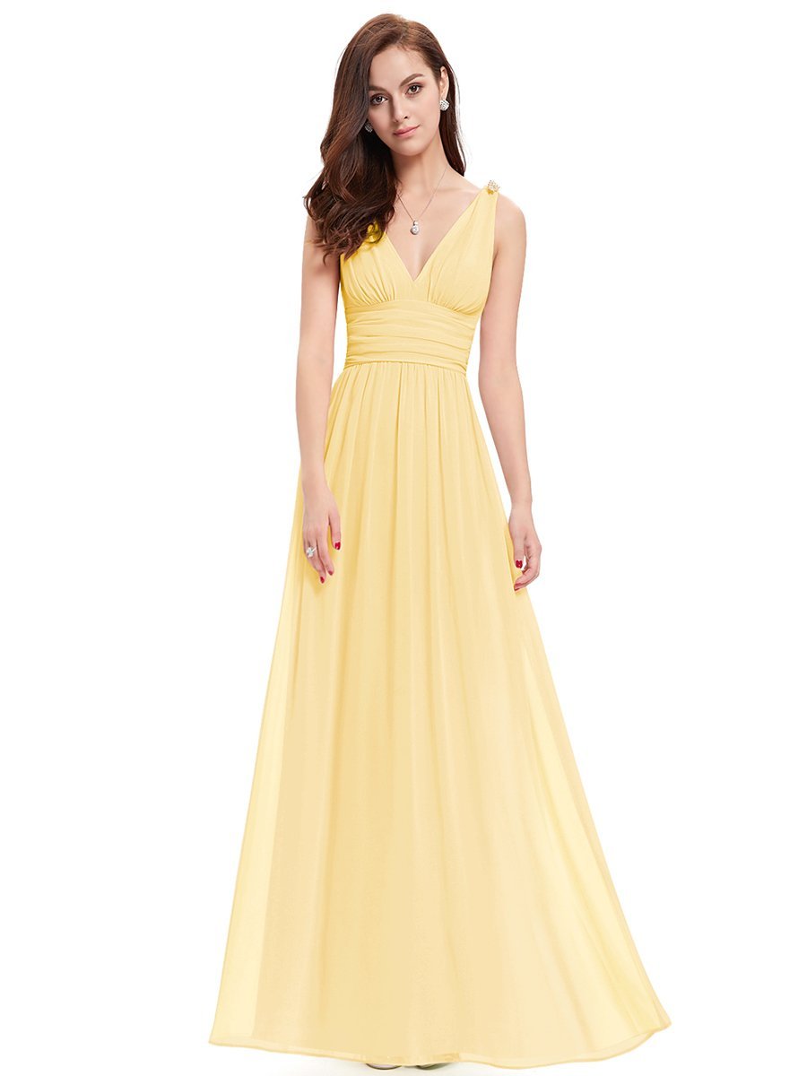 Color=Yellow | Double V-Neck Elegant Maxi Long Wholesale Evening Dresses-Yellow 3