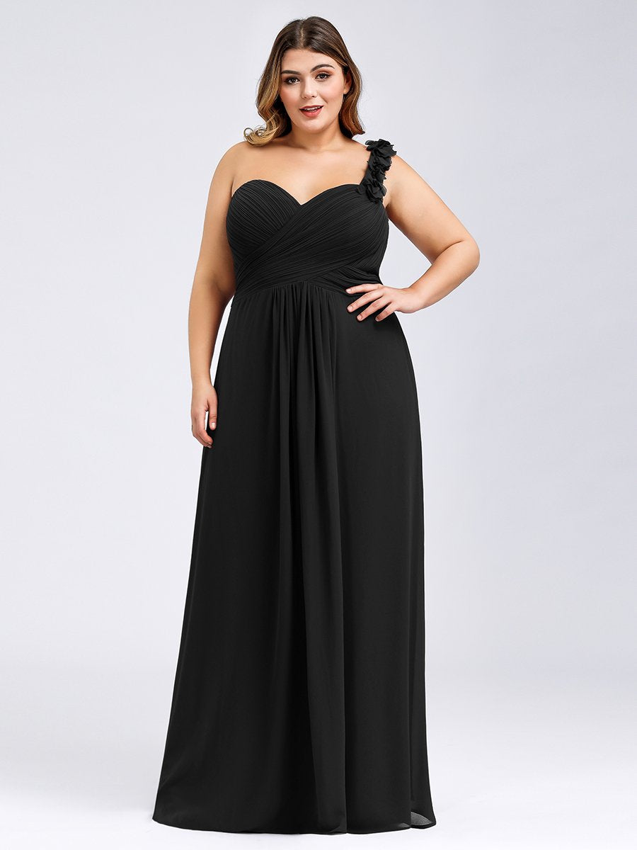 Color=Black | One Shoulder Plus Size Chiffon Bridesmaid Dresses For Wholesale-Black 1