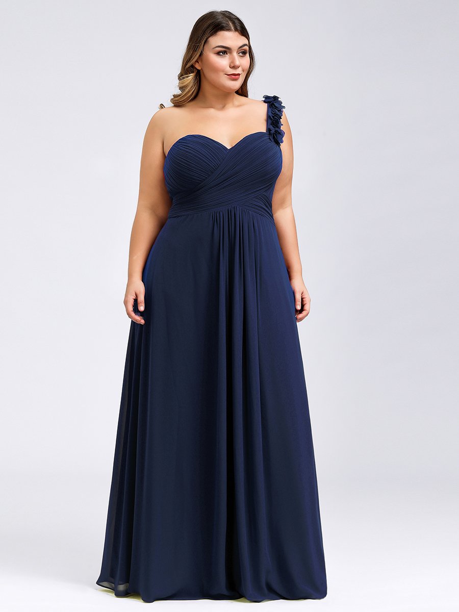 Color=Navy Blue | One Shoulder Plus Size Chiffon Bridesmaid Dresses For Wholesale-Navy Blue 4