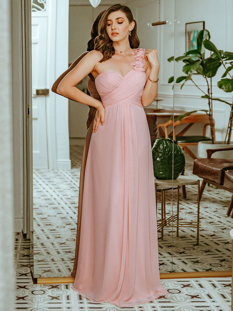 Color=Pink | One Shoulder Chiffon Bridesmaid Dresses For Wholesale-Pink 1