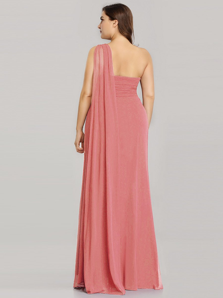 Color=Coral | One Shoulder Chiffon Ruffles Plus Size Long Evening Dresses-Coral 2