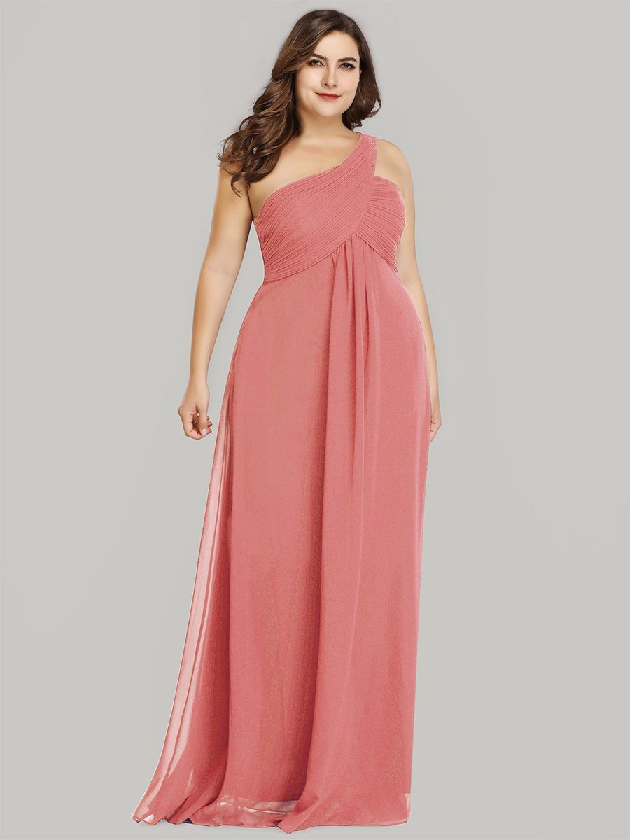 Color=Coral | One Shoulder Chiffon Ruffles Plus Size Long Evening Dresses-Coral 1