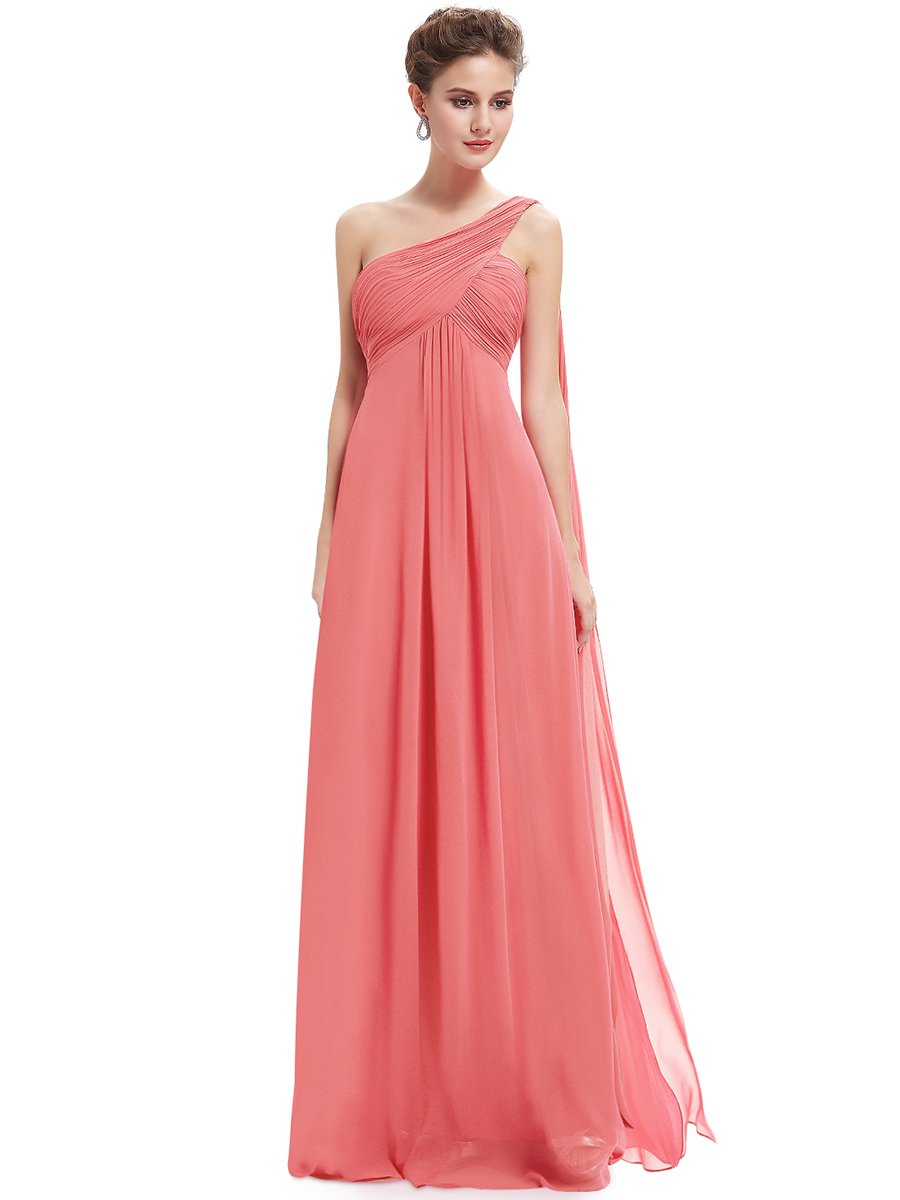 Color=Coral | One Shoulder Chiffon Ruffles Long Evening Dresses for Wholesale-Coral 3