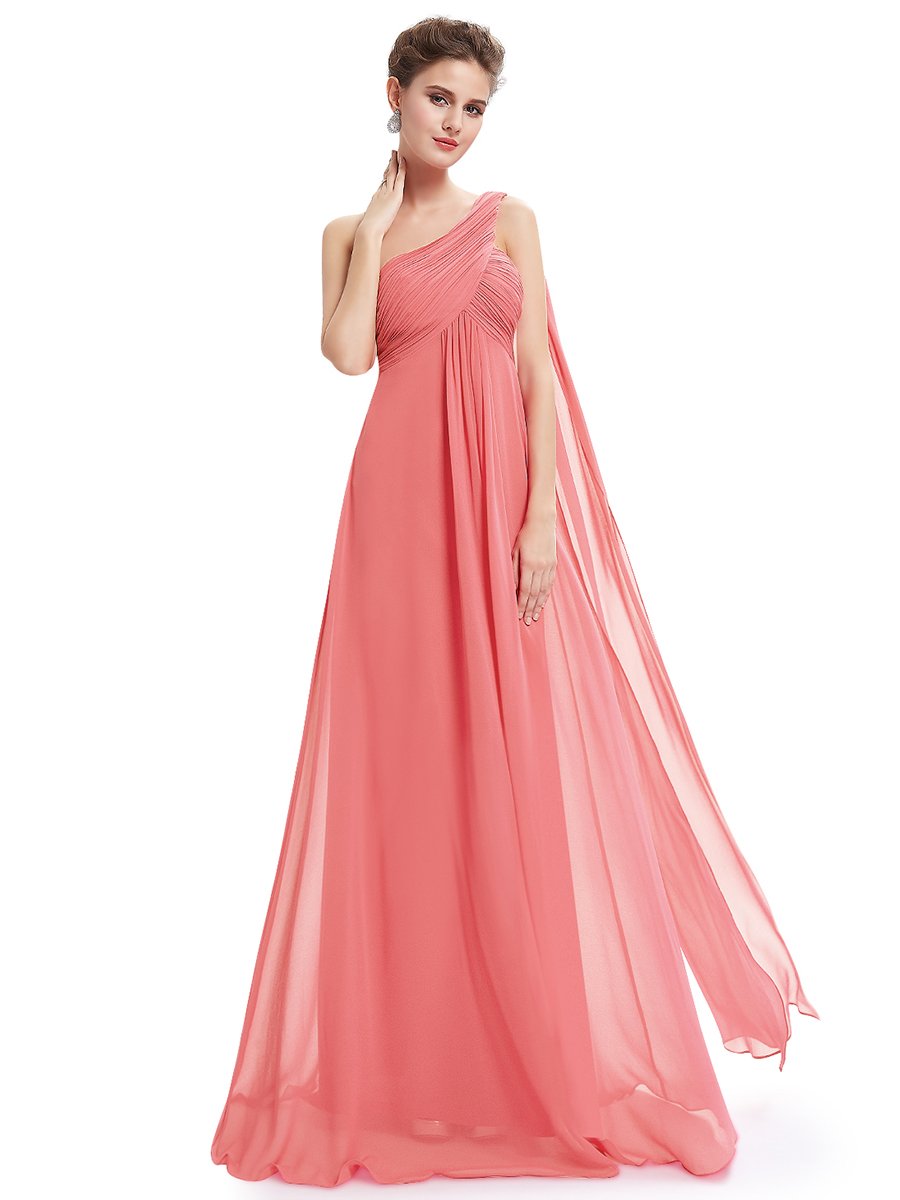 Color=Coral | One Shoulder Chiffon Ruffles Long Evening Dresses for Wholesale-Coral 1