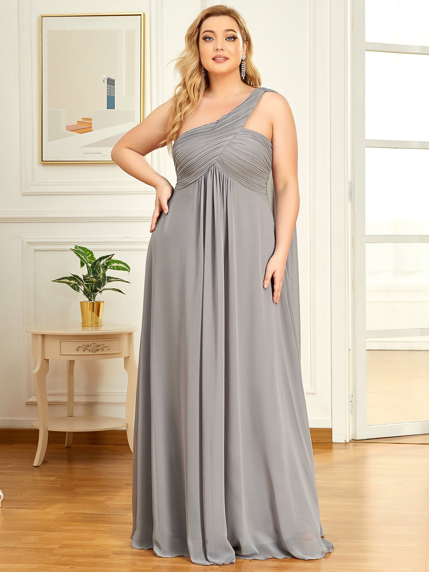Color=Grey | One Shoulder Chiffon Ruffles Plus Size Long Evening Dresses-Grey 1